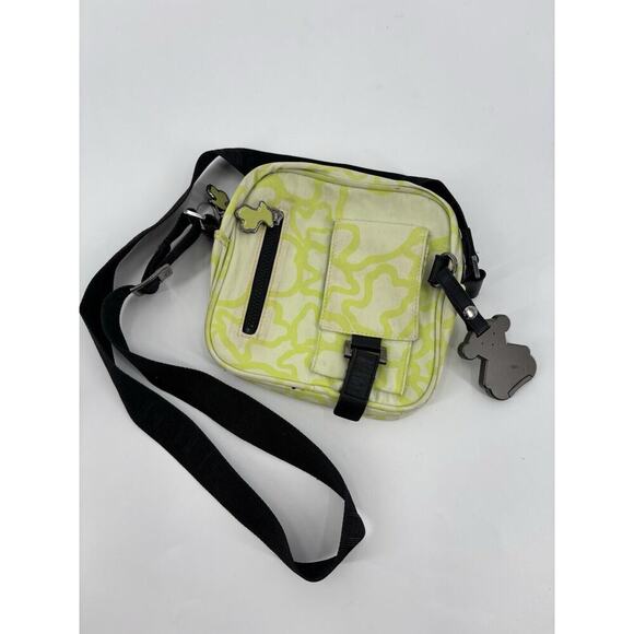 Tous Crossbody Bag Lime Green White Kaos Messenger Nylon Zip Pockets Bear Charm - Picture 1 of 16